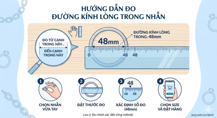 Minh họa cách đo đường kính lòng trong của nhẫn.